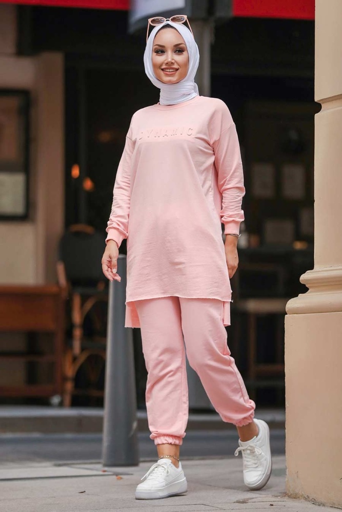 Neva Style - Arkası Uzun Pudra Tesettür İkili Takım 5741PD - 1