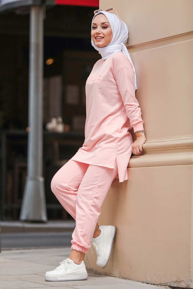 Neva Style - Arkası Uzun Pudra Tesettür İkili Takım 5741PD - 2