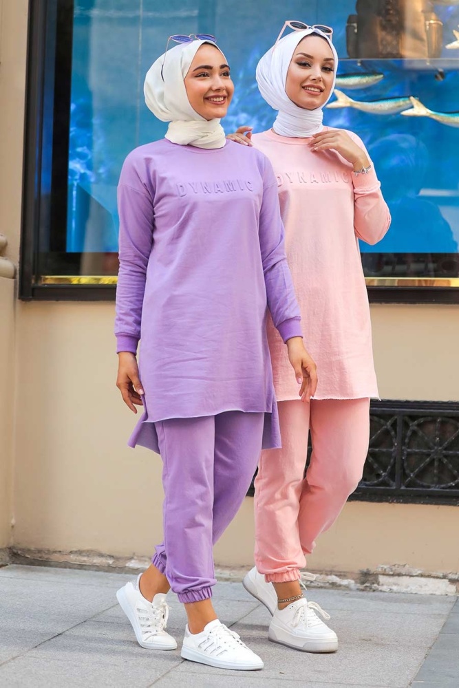 Neva Style - Arkası Uzun Pudra Tesettür İkili Takım 5741PD - 5