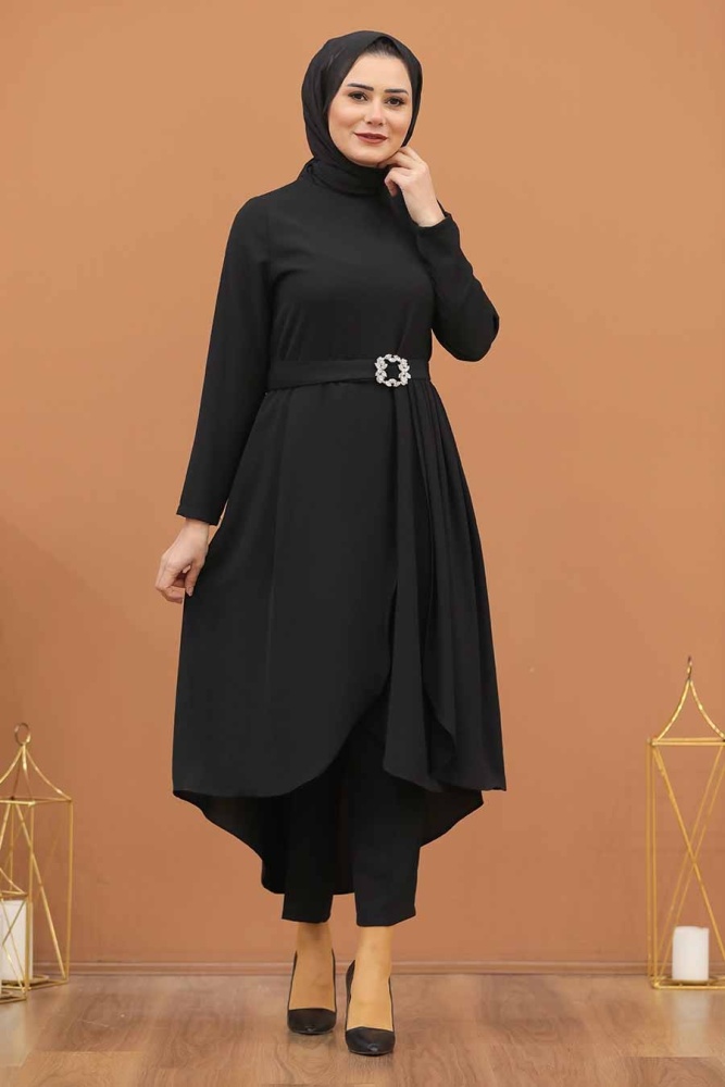 Neva Style - Arkası Uzun Siyah Tesettür İkili Takım 1400S - 1
