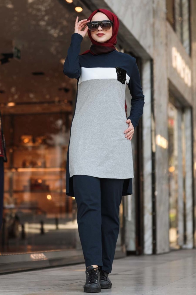 Neva Style - Arkası Uzun Siyah Tesettür İkili Takım 90470S - 1