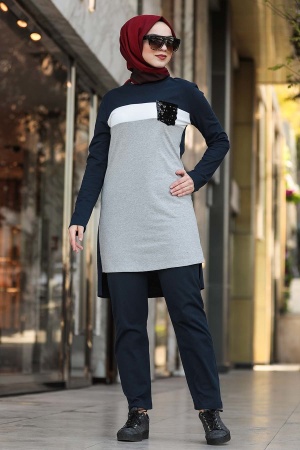 Neva Style - Arkası Uzun Siyah Tesettür İkili Takım 90470S - 2