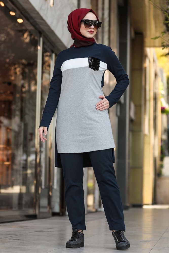 Neva Style - Arkası Uzun Siyah Tesettür İkili Takım 90470S - 2