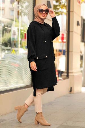 Neva Style - Arkası Uzun Siyah Tesettür Triko Tunik 12023S - 1