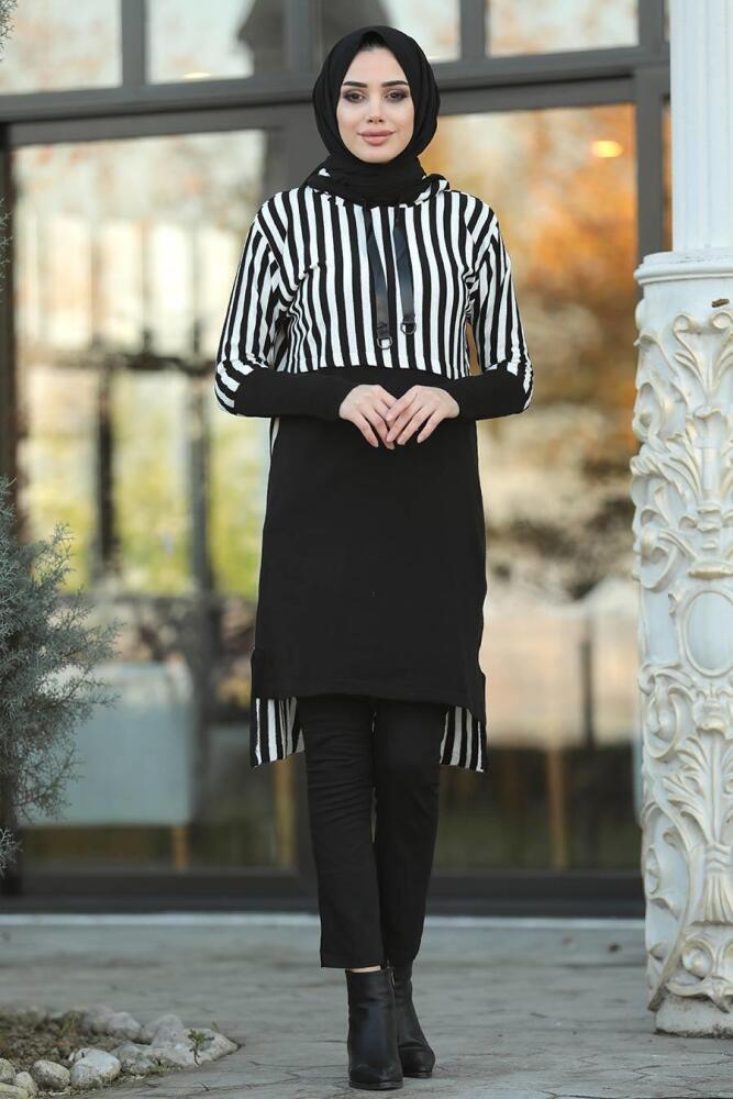 Neva Style - Arkası Uzun Siyah Tesettür Triko Tunik 15639S - 1