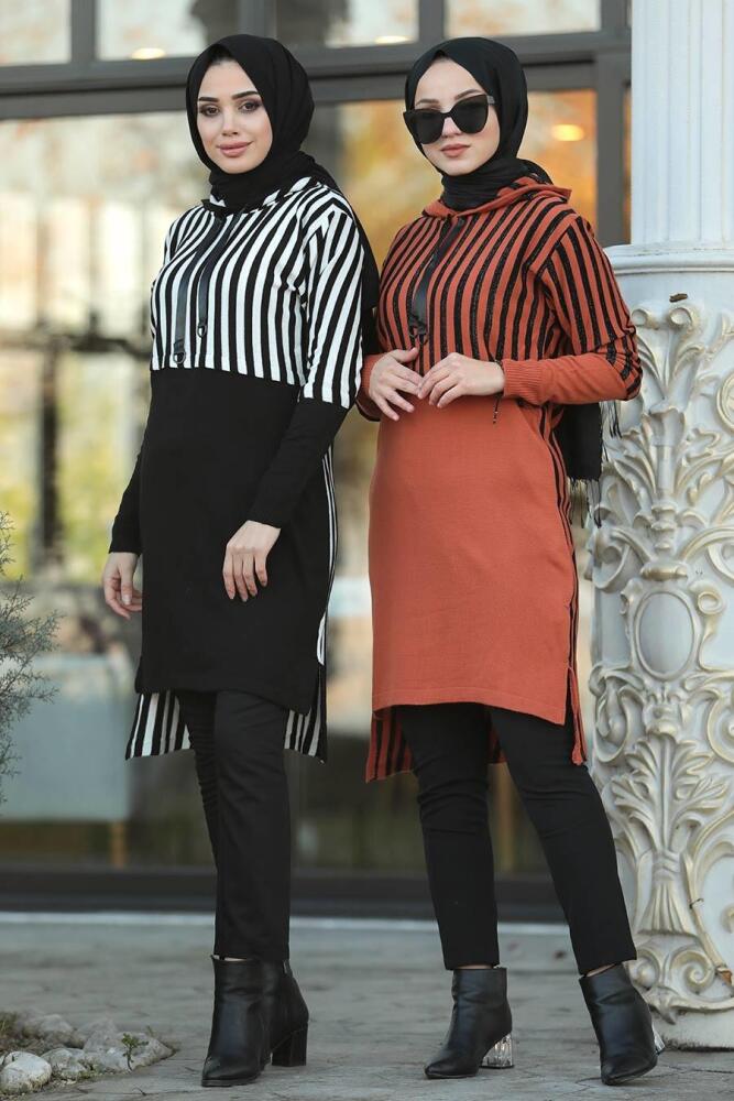 Neva Style - Arkası Uzun Siyah Tesettür Triko Tunik 15639S - 2