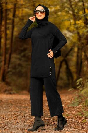 Neva Style - Arkası Uzun Siyah Tesettür Triko Tunik 210302S - 1
