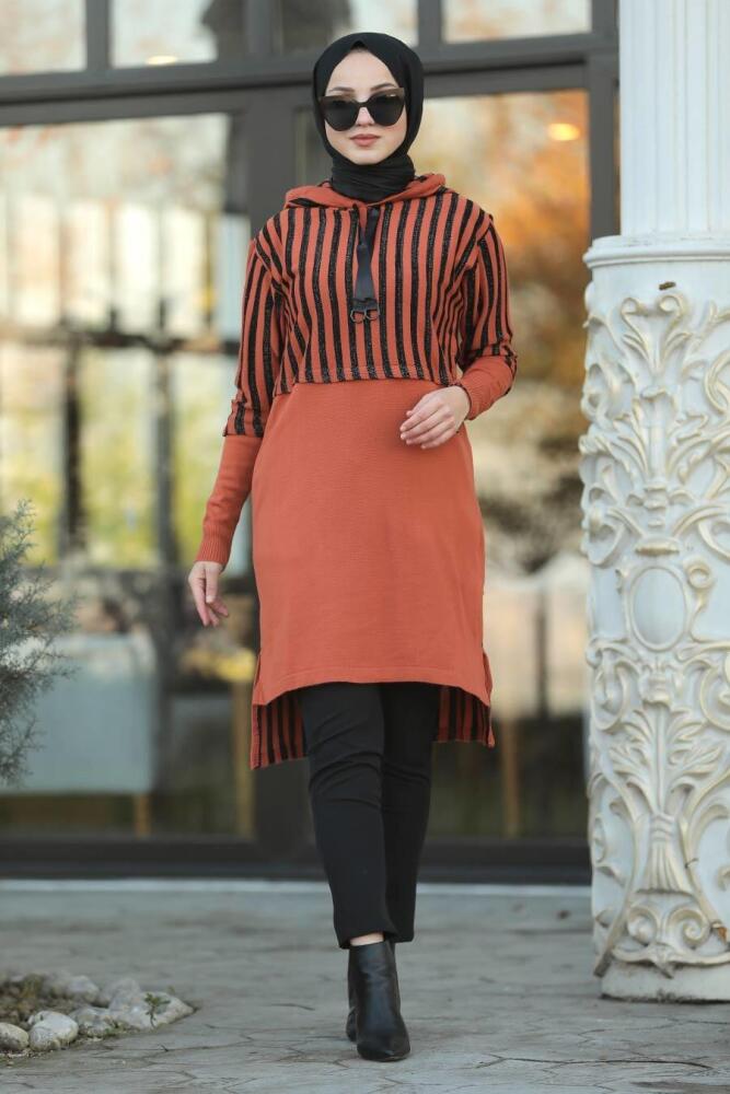 Neva Style - Arkası Uzun Kiremit Tesettür Triko Tunik 15639KRMT - 1