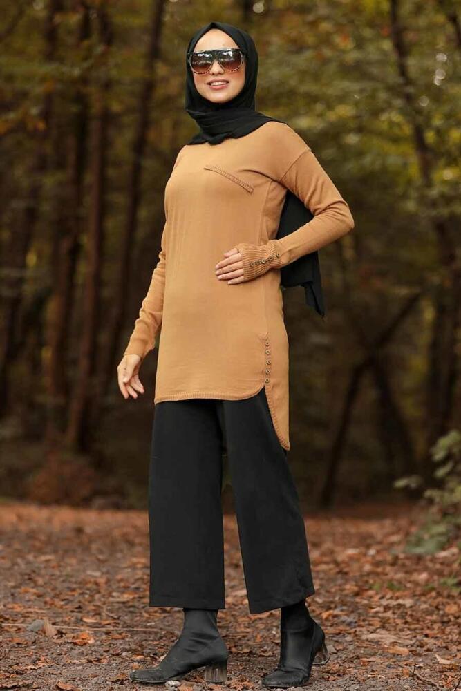 Neva Style - Arkası Uzun Taba Tesettür Triko Tunik 210302TB - 1