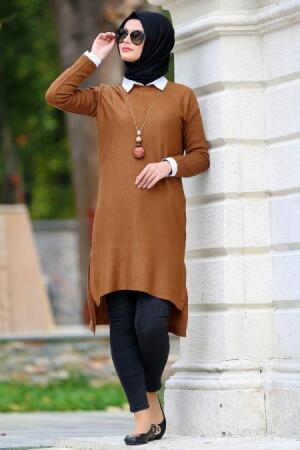 Neva Style - Arkası Uzun Taba Tesettür Triko Tunik 2499TB - 1