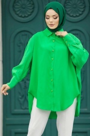 Neva Style - Arkası Uzun Yeşil Tesettür Gömlek 10236Y - Thumbnail
