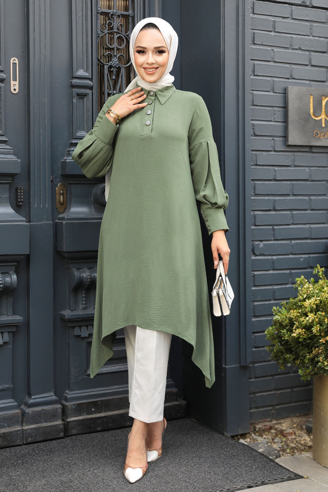 Neva Style - Asimetrik Detaylı Açık Haki Tesettür Tunik 615AHK - 2