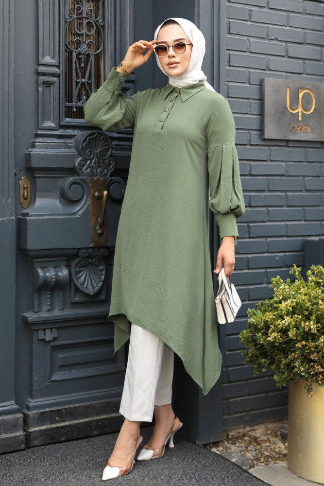 Neva Style - Asimetrik Detaylı Açık Haki Tesettür Tunik 615AHK - 1