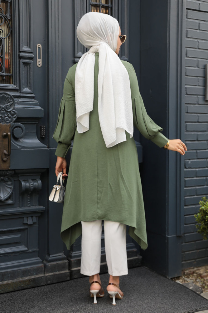 Neva Style - Asimetrik Detaylı Açık Haki Tesettür Tunik 615AHK - 3