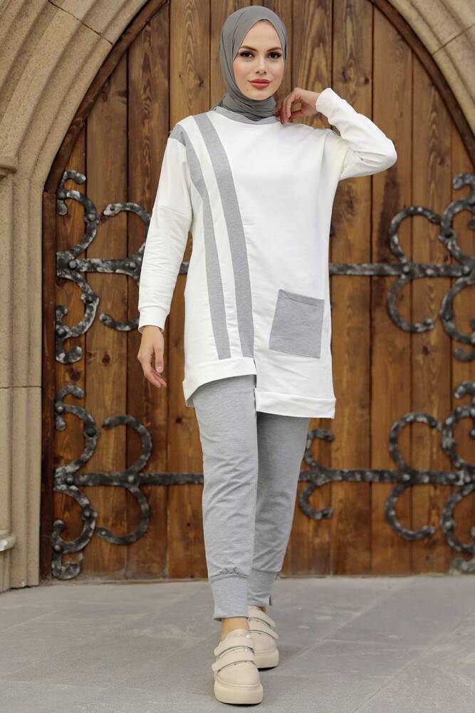 Neva Style - Asimetrik Detaylı Gri Tesettür İkili Takım 13590GR - 1