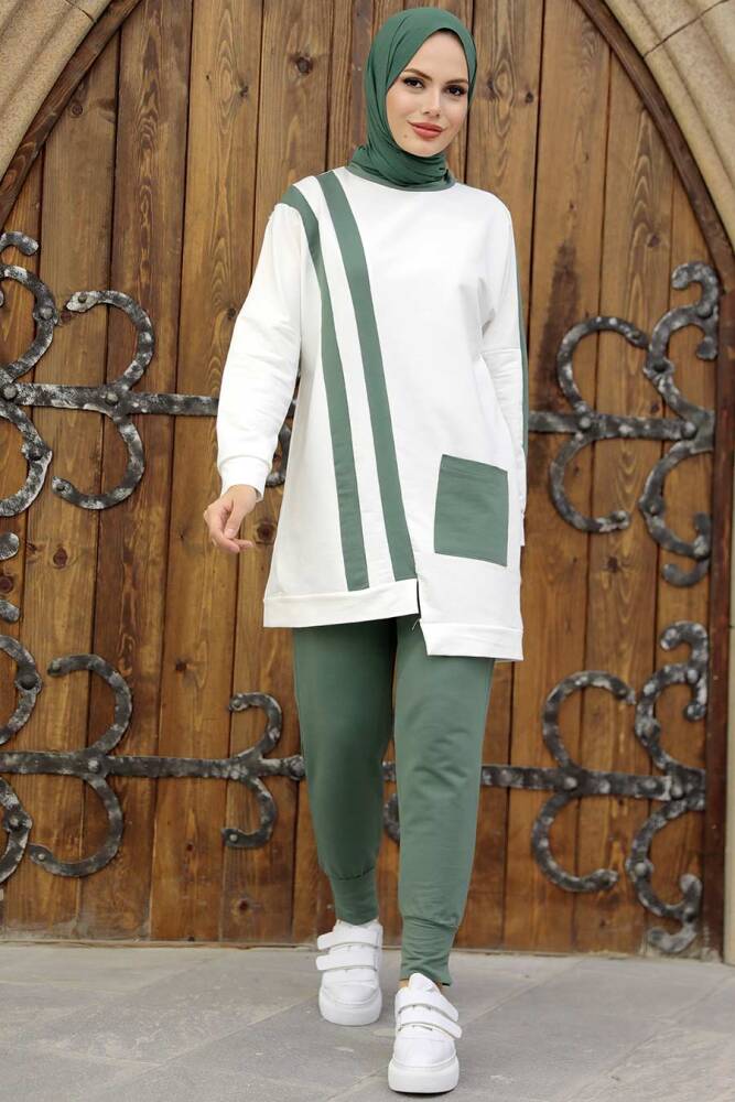 Neva Style - Asimetrik Detaylı Çağla Yeşili Tesettür İkili Takım 13590CY - 1