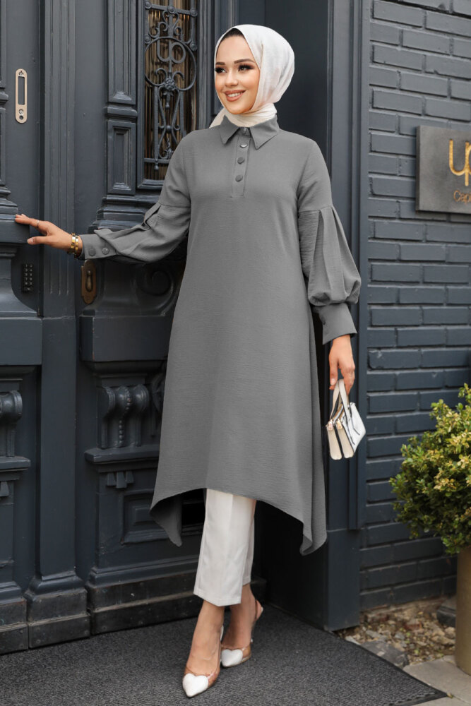 Neva Style - Asimetrik Detaylı Gri Tesettür Tunik 615GR - 1