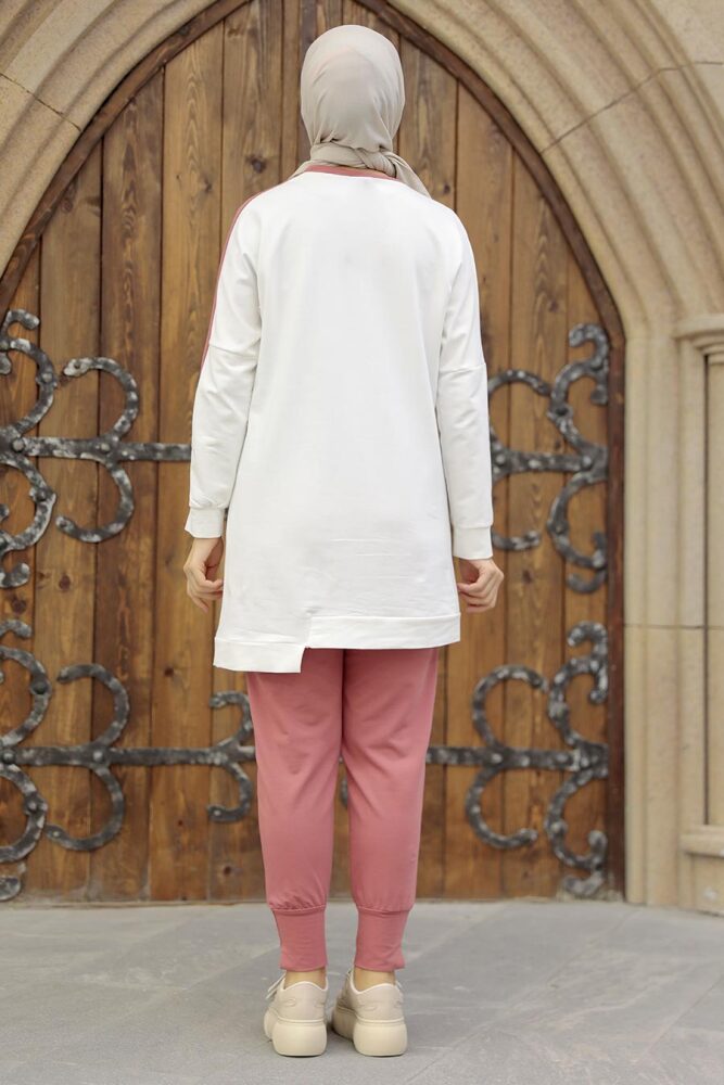 Neva Style - Asimetrik Detaylı Gül Kurusu Tesettür İkili Takım 13590GK - 3