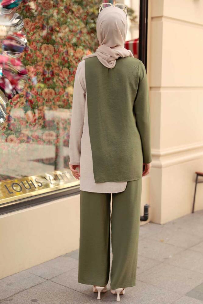 Neva Style - Asimetrik Detaylı Haki Tesettür İkili Takım 5235HK - 3