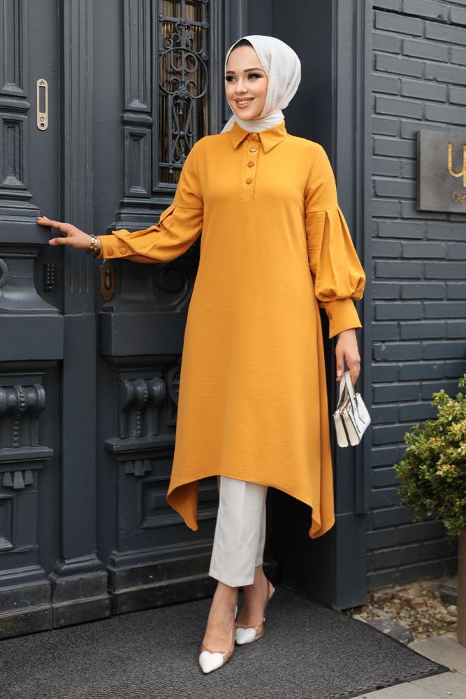 Neva Style - Asimetrik Detaylı Hardal Tesettür Tunik 615HR - 2