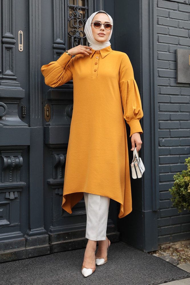 Neva Style - Asimetrik Detaylı Hardal Tesettür Tunik 615HR - 1