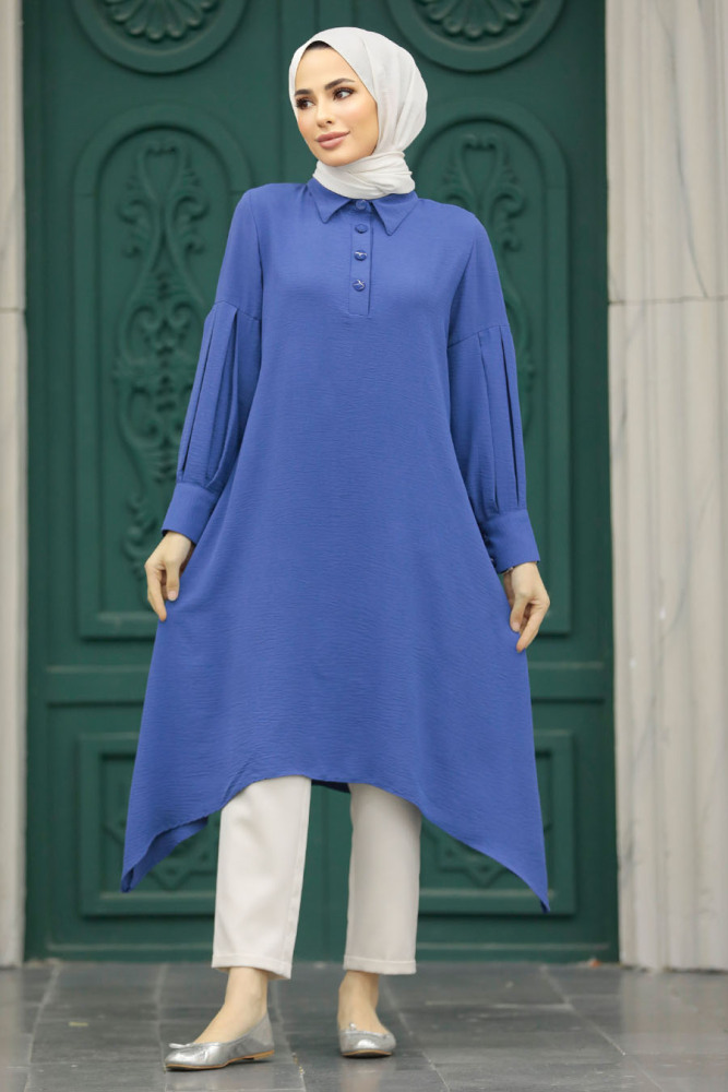 Neva Style - Asimetrik Detaylı İndigo Mavisi Tesettür Tunik 615IM - 1