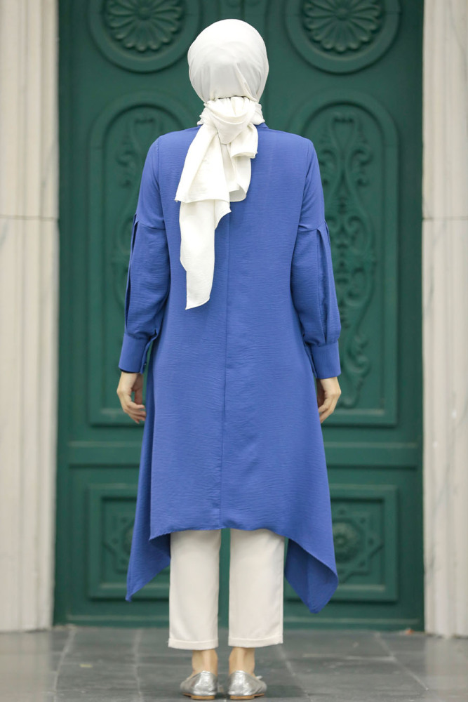 Neva Style - Asimetrik Detaylı İndigo Mavisi Tesettür Tunik 615IM - 2