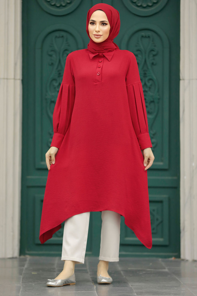 Neva Style - Asimetrik Detaylı Kırmızı Tesettür Tunik 615K - 1