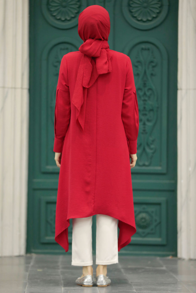 Neva Style - Asimetrik Detaylı Kırmızı Tesettür Tunik 615K - 3