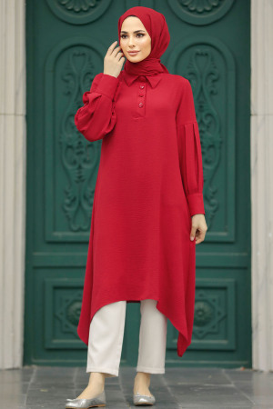 Neva Style - Asimetrik Detaylı Kırmızı Tesettür Tunik 615K - 2
