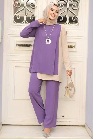 Neva Style - Asimetrik Detaylı Lila Tesettür İkili Takım 5235LILA - 1