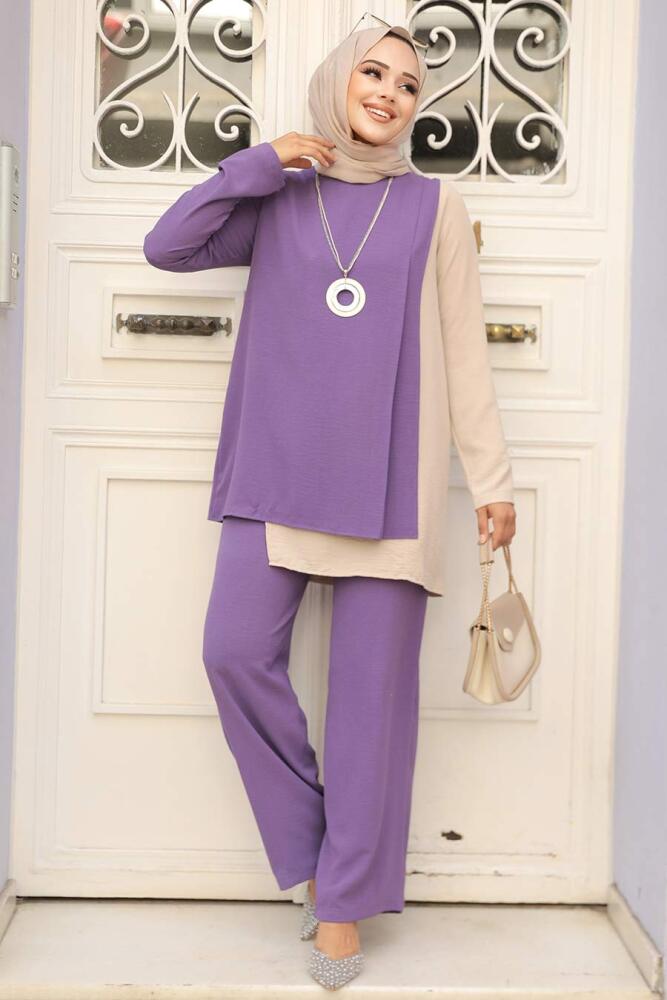 Neva Style - Asimetrik Detaylı Lila Tesettür İkili Takım 5235LILA - 1