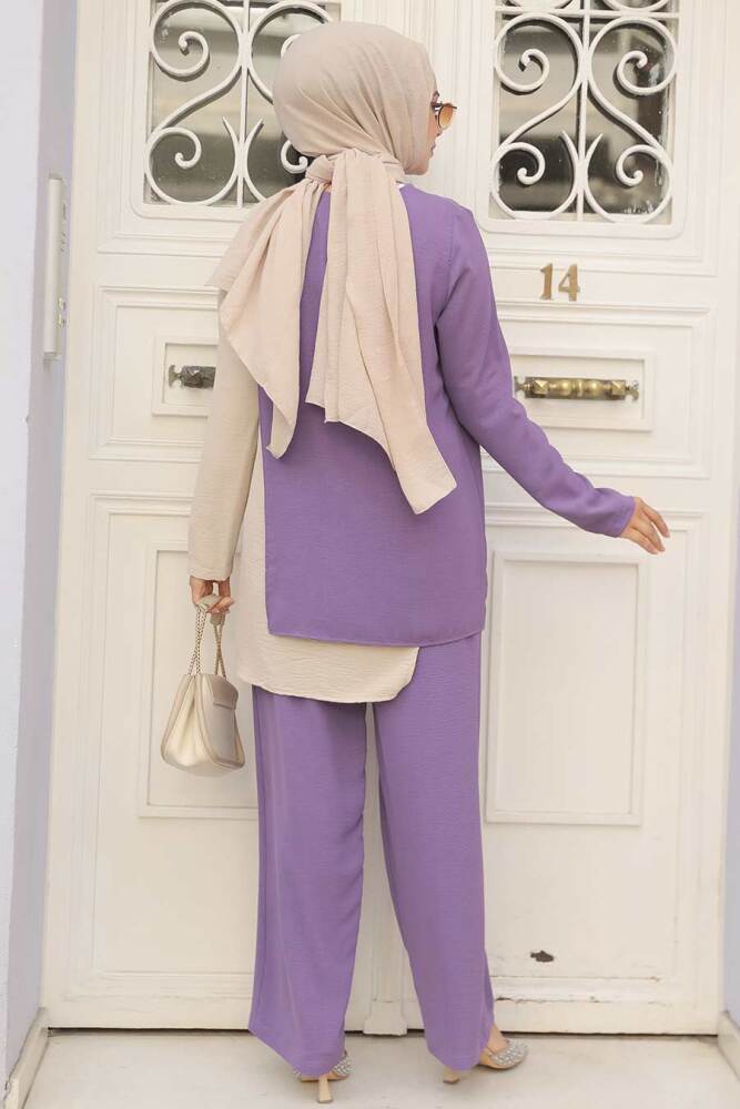 Neva Style - Asimetrik Detaylı Lila Tesettür İkili Takım 5235LILA - 2