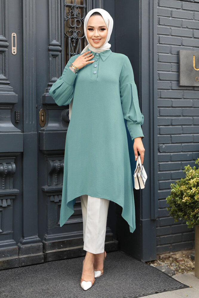 Neva Style - Asimetrik Detaylı Turkuaz Tesettür Tunik 615TR - 1