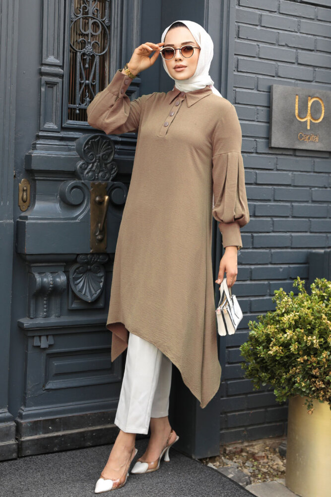 Neva Style - Asimetrik Detaylı Vizon Tesettür Tunik 615V - 1