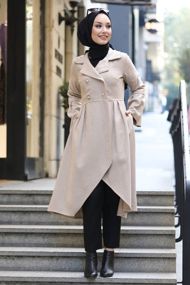 Neva Style - Asimetrik Kesim Bej Tesettür Kaşe Kap 50774BEJ - NEVA STYLE