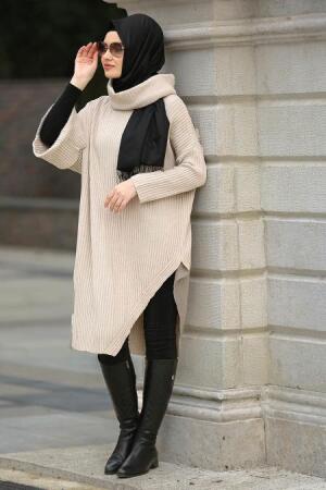 Neva Style - Asimetrik Kesim Bej Tesettür Triko Tunik 29010BEJ - 1