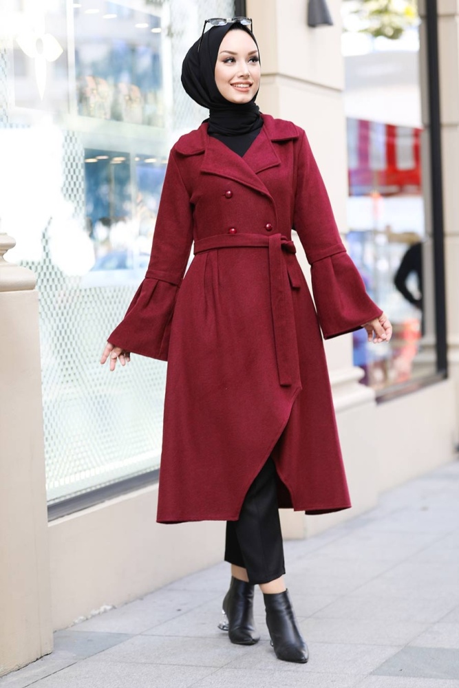 Neva Style - Asimetrik Kesim Bordo Tesettür Kaşe Kap 50774BR - 2
