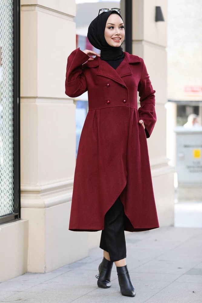Neva Style - Asimetrik Kesim Bordo Tesettür Kaşe Kap 50774BR - 3