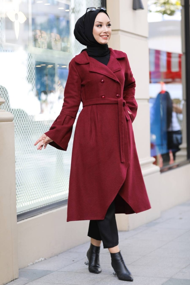 Neva Style - Asimetrik Kesim Bordo Tesettür Kaşe Kap 50774BR - 1