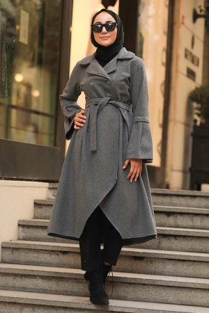Neva Style - Asimetrik Kesim Füme Tesettür Kaşe Kap 50774FU - 1