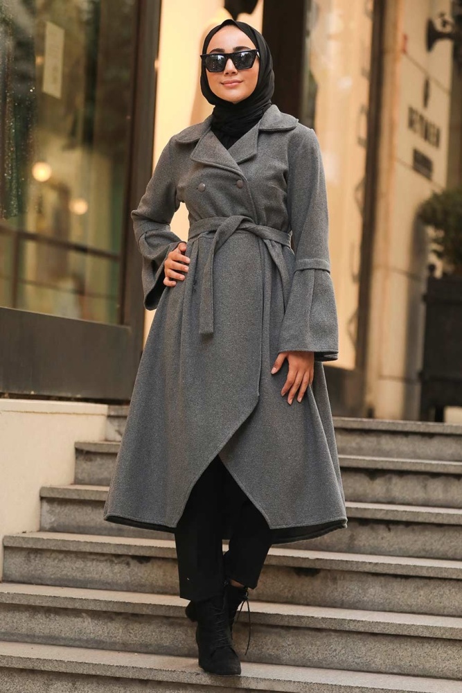 Neva Style - Asimetrik Kesim Füme Tesettür Kaşe Kap 50774FU - 1