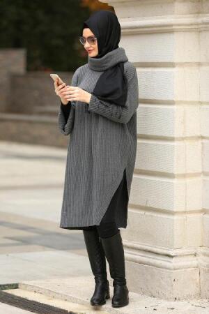 Neva Style - Asimetrik Kesim Füme Tesettür Triko Tunik 29010FU - 1