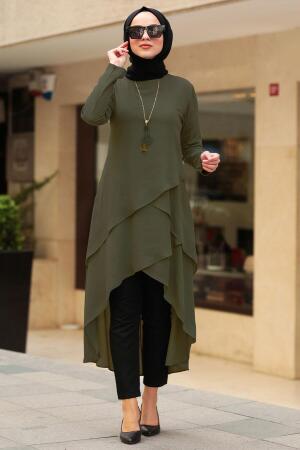 Neva Style - Asimetrik Kesim Haki Tesettür Tunik 2266HK - 1