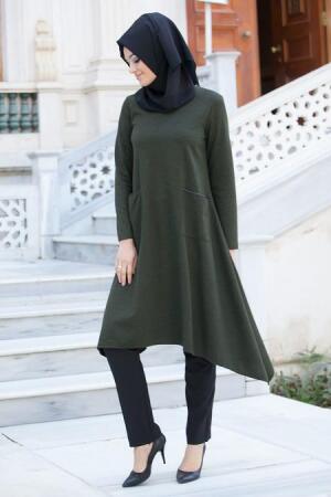 Neva Style - Asimetrik Kesim Haki Tunik - 1