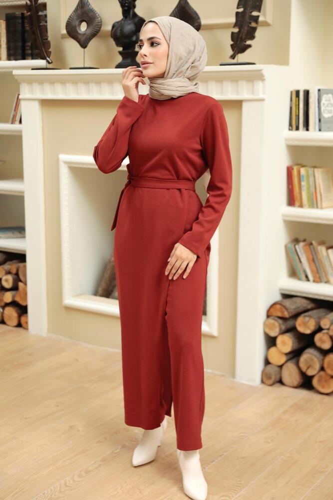 Neva Style - Asimetrik Kesim Kiremit Tesettür Tulum 5807KRMT - 2