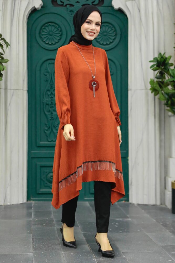 Neva Style - Asimetrik Kesim Kiremit Tesettür Tunik 2434KRMT - NEVA STYLE