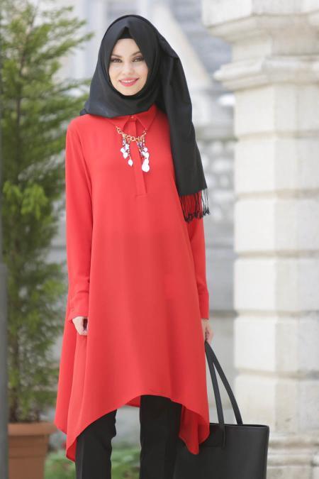 Neva Style - Asimetrik Kesim Mercan Tunik - 2