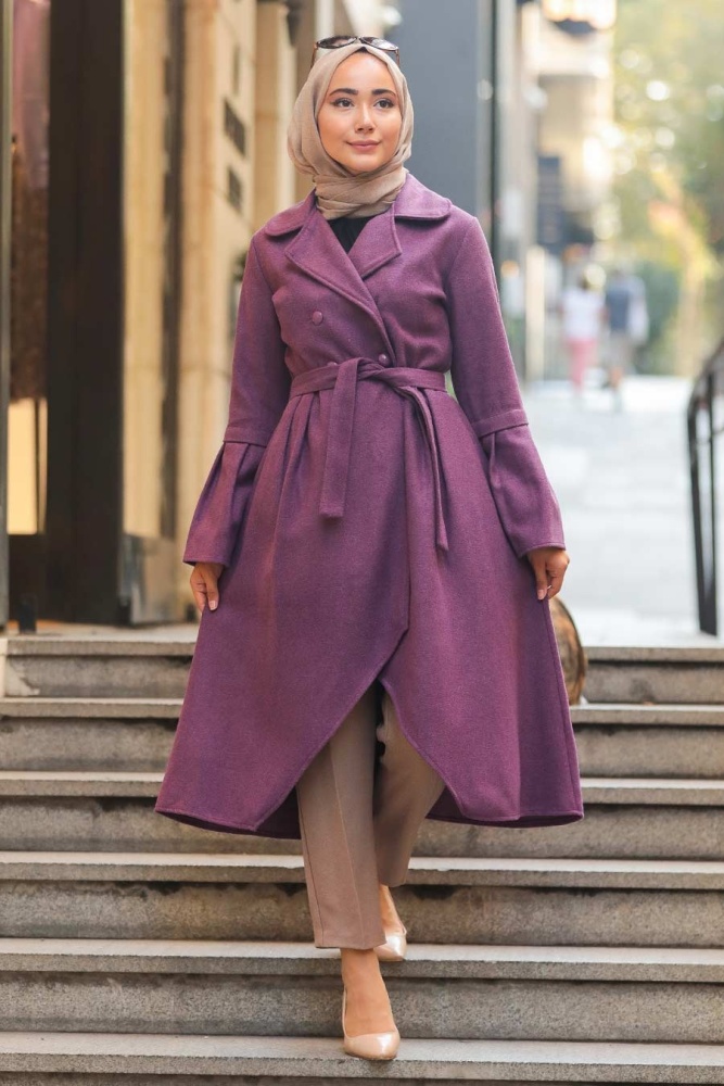Neva Style - Asimetrik Kesim Mor Tesettür Kaşe Kap 50774MOR - 1