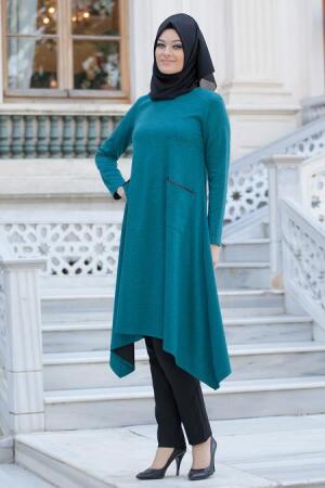 Neva Style - Asimetrik Kesim Petrol Mavisi Tunik - 1